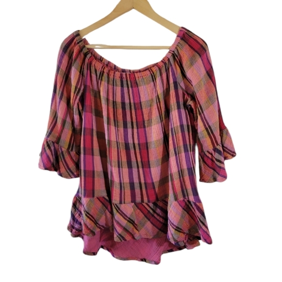 Beach Lunch Lounge Women's Red Orange Plaid Peasant Top Sz L Off Shoulder Gauze - Picture 12 of 12